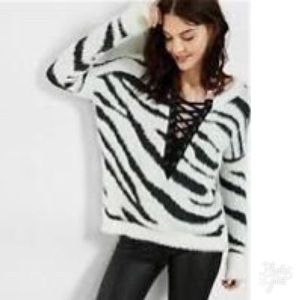 EXPRESS Zebra Fuzzy Lace-Up  Deep V Hi-Lo …